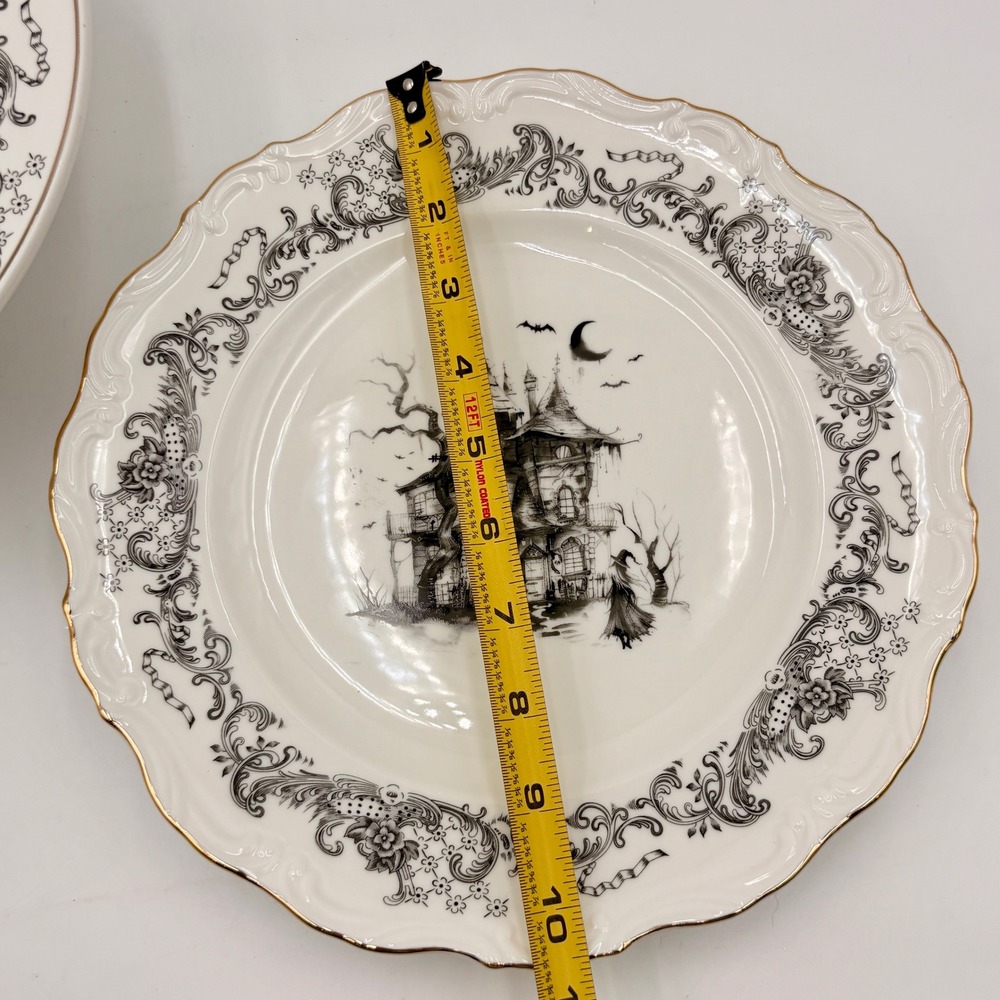 Gothic Haunted House Toile Cake Stand and Dinner Plates Set of 3 Gold Rim - Picture 7 of 7
